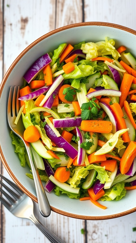 Quick and Tangy 5-Minute Cabbage Salad Recipe A bowl of crunchy cabbage salad with carrots and dressing, garnished with herbs.